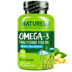 NATURELO Burpless Omega-3 fish oil softgels bottle shown from the front