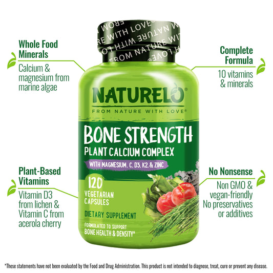 Close-up of supplement facts on NATURELO calcium bottle