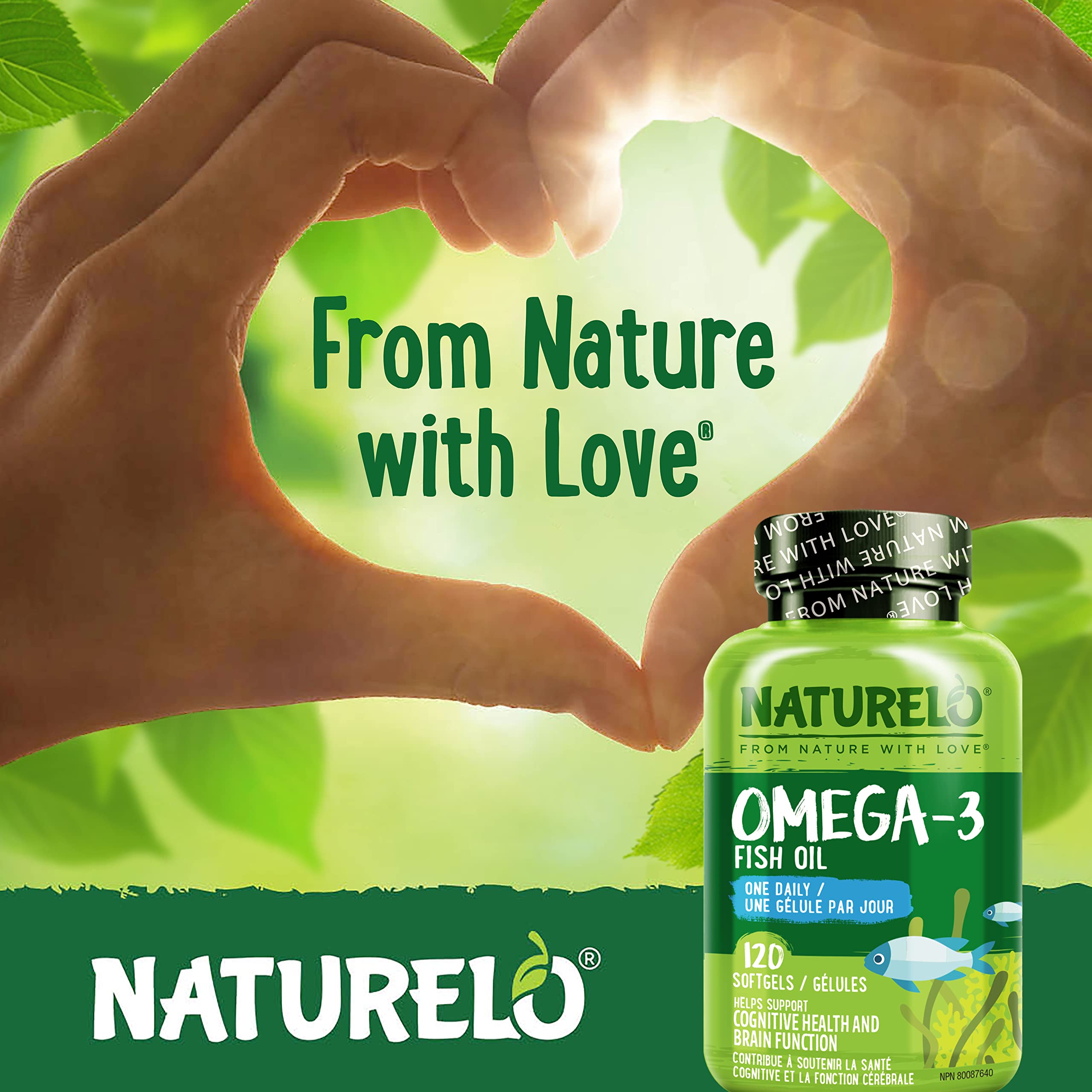 Naturelo bottle label highlights EPA and DHA for heart, brain, and eye support.