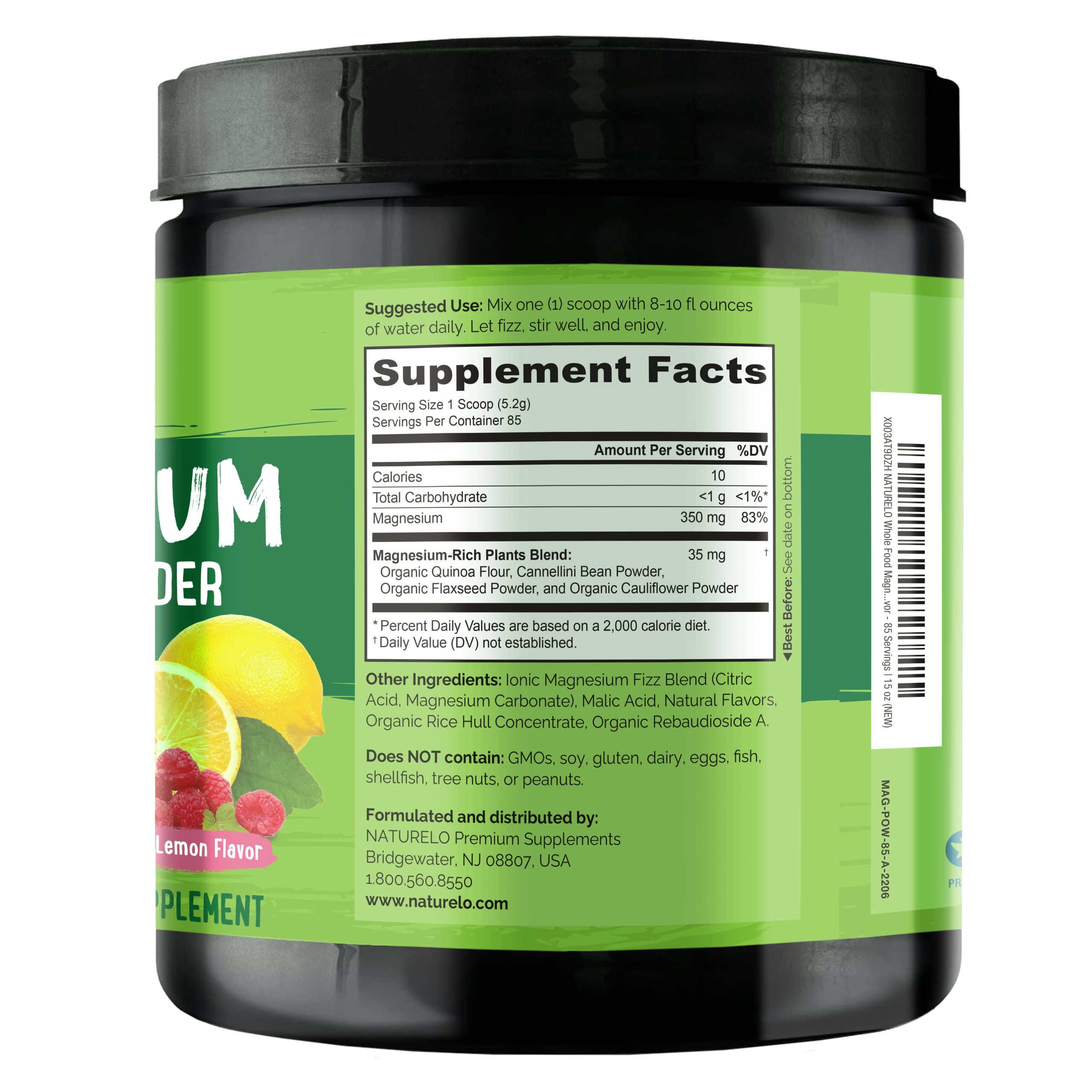 Ingredients include flaxseed, quinoa, cannellini bean and cauliflower in Naturelo magnesium powder