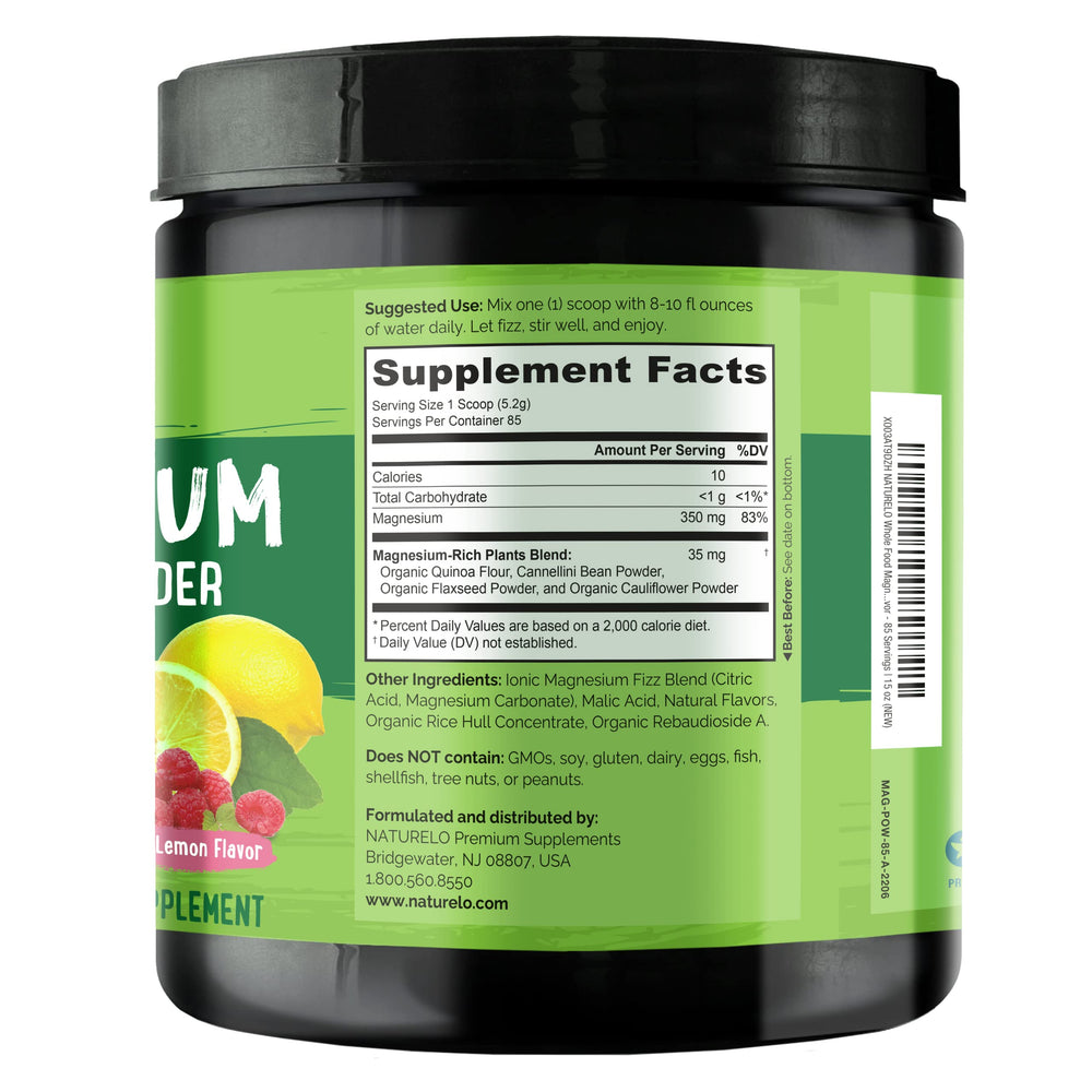 Ingredients include flaxseed, quinoa, cannellini bean and cauliflower in Naturelo magnesium powder