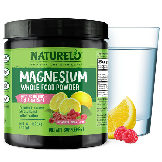 Naturelo Magnesium Powder Raspberry Lemon bottle, 85 servings, 15oz