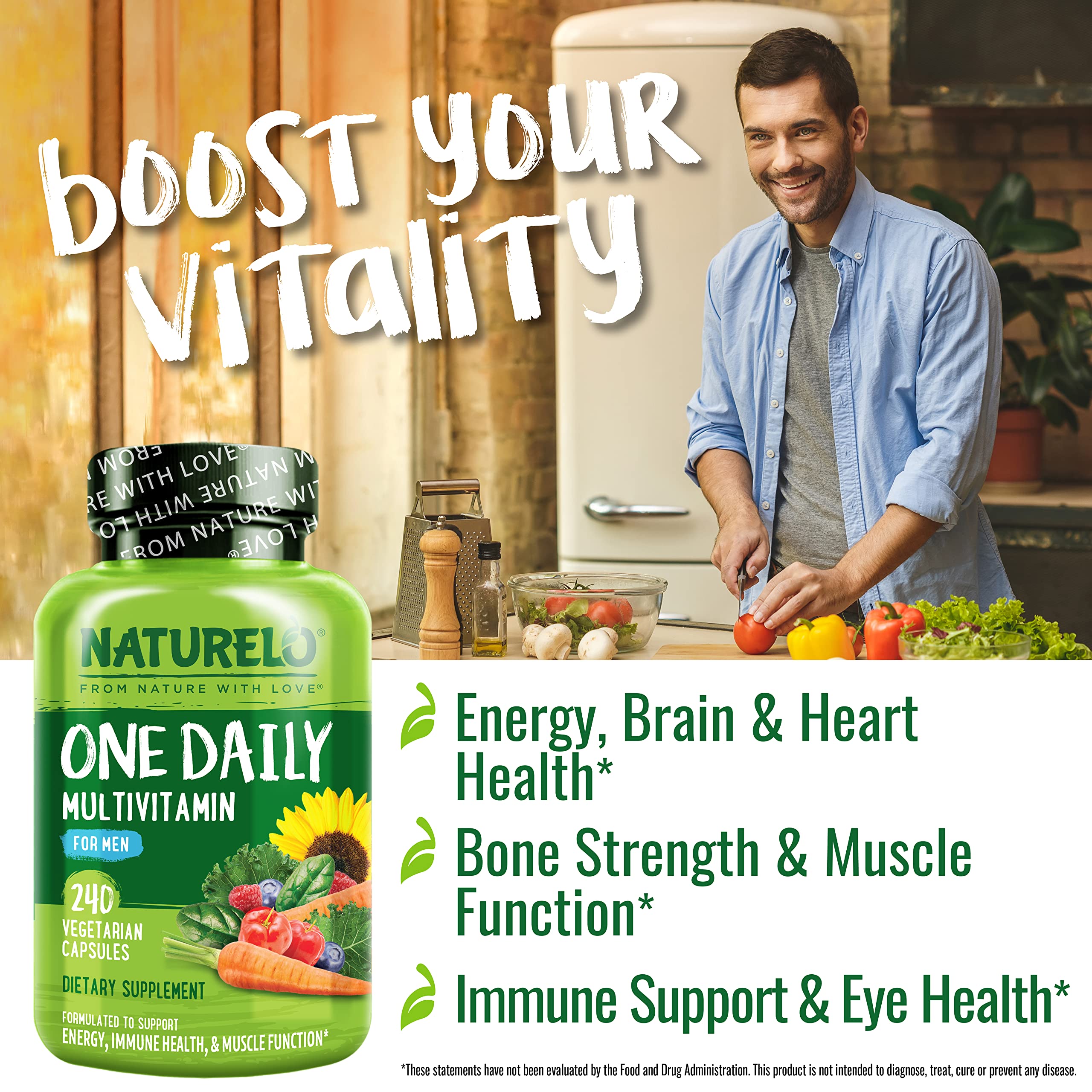 Close-up of Naturelo label details on the men's multivitamin bottle.