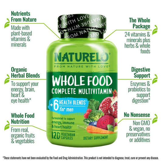 Close-up of Naturelo Whole Food Multivitamins for Men label