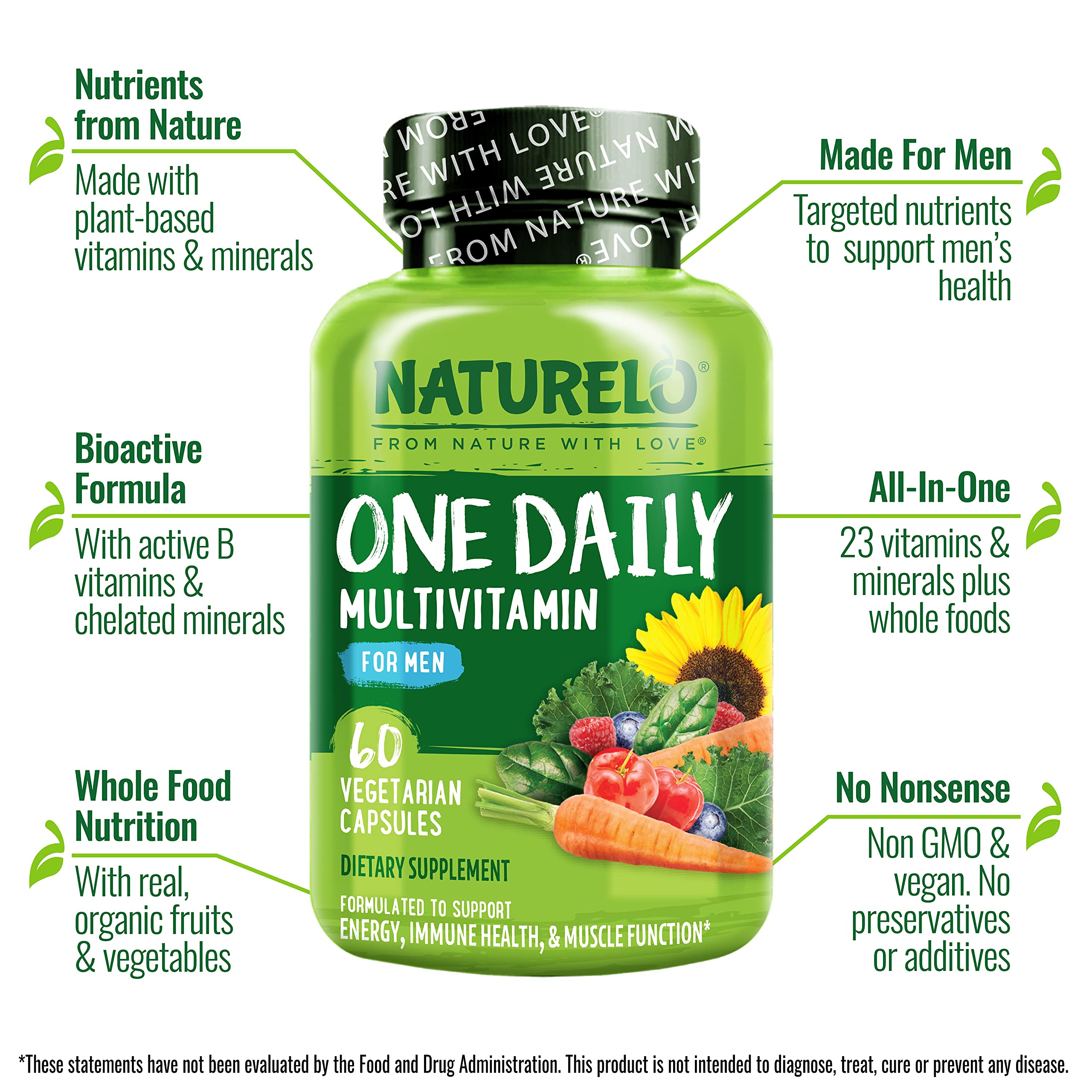 Label showing Non-GMO, vegan and gluten-free on Naturelo multivitamin