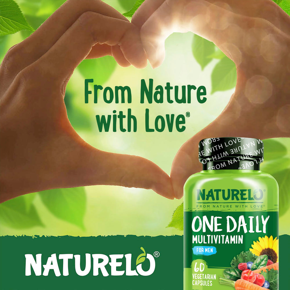 Lifestyle shot with man taking Naturelo multivitamin daily