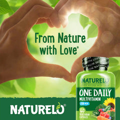 Lifestyle shot with man taking Naturelo multivitamin daily