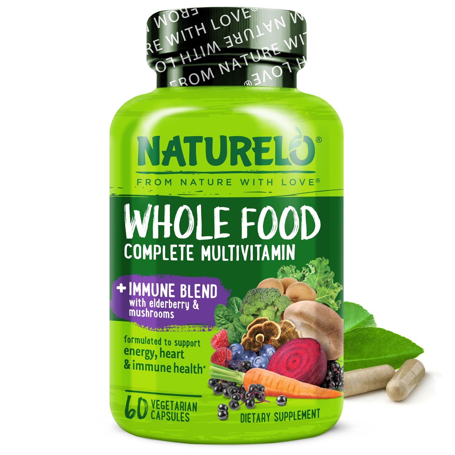 Front view of NATURELO Whole Food Multivitamin + Immune Blend bottle