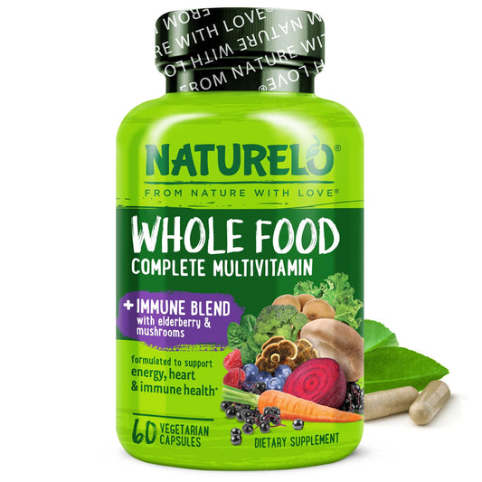 Front view of NATURELO Whole Food Multivitamin + Immune Blend bottle