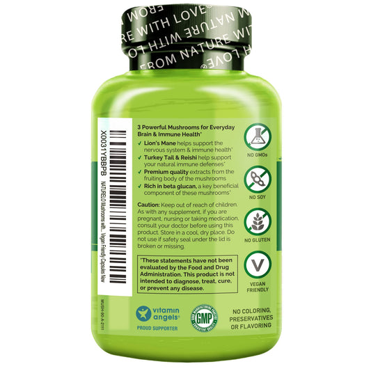 Naturelo mushroom supplement brain and immune blend bottle label