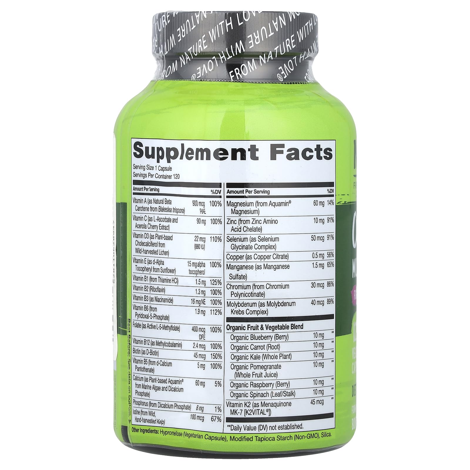 Naturelo One Daily Multivitamin for Women 50+ label shows plant-based ingredients for daily wellness