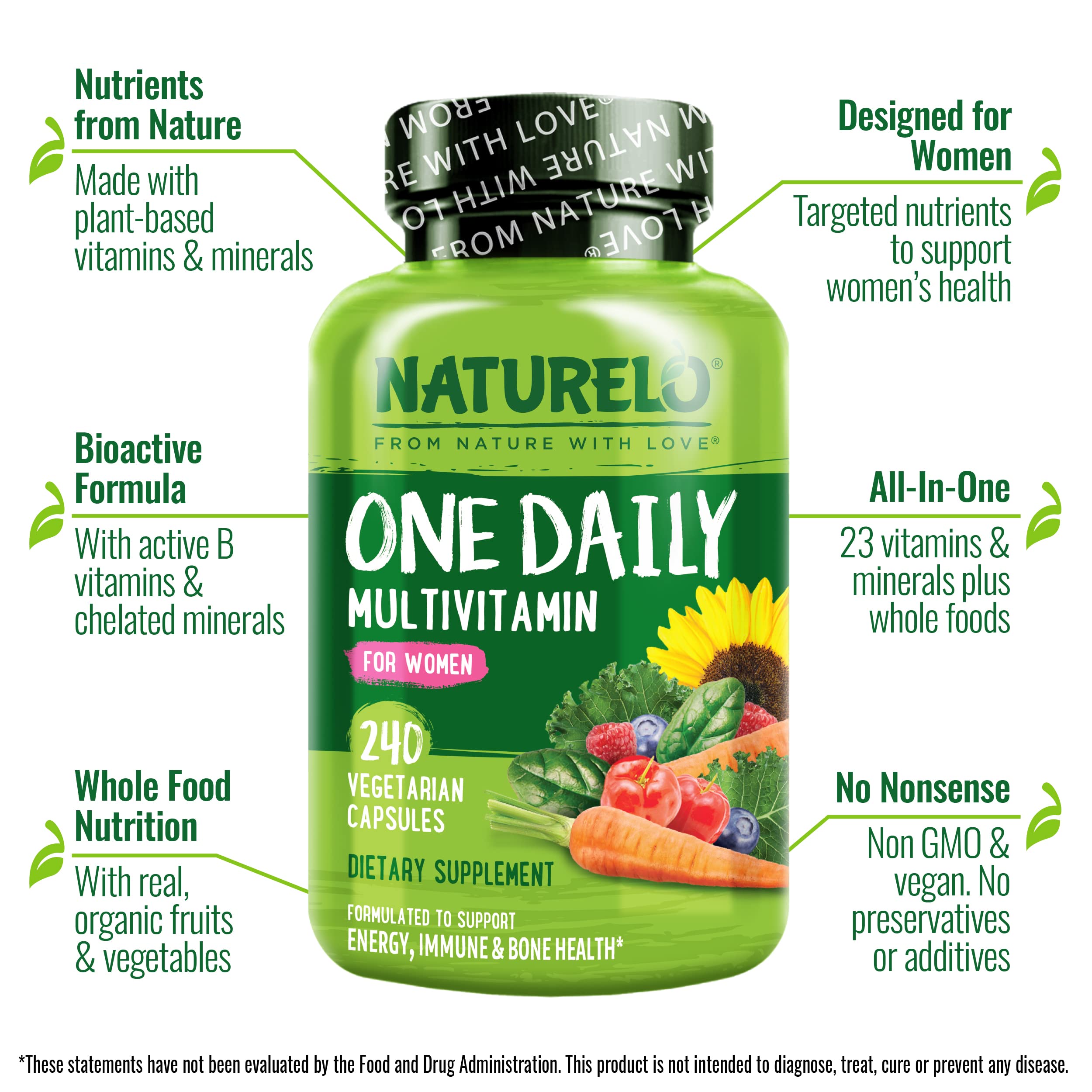 NATURELO One Daily Multivitamin for Women organic fruits-vegetables visual communicates whole-food nutrition.