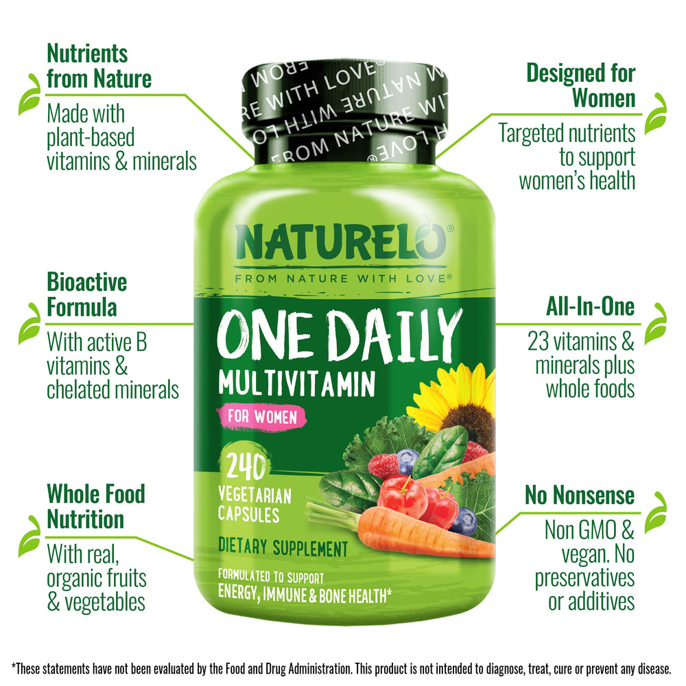 NATURELO One Daily Multivitamin for Women organic fruits-vegetables visual communicates whole-food nutrition.