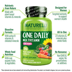 NATURELO One Daily Multivitamin for Women organic fruits-vegetables visual communicates whole-food nutrition.
