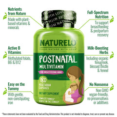 Naturelo postnatal ingredients collage, highlighting plant-based D3 and Acerola vitamin C.