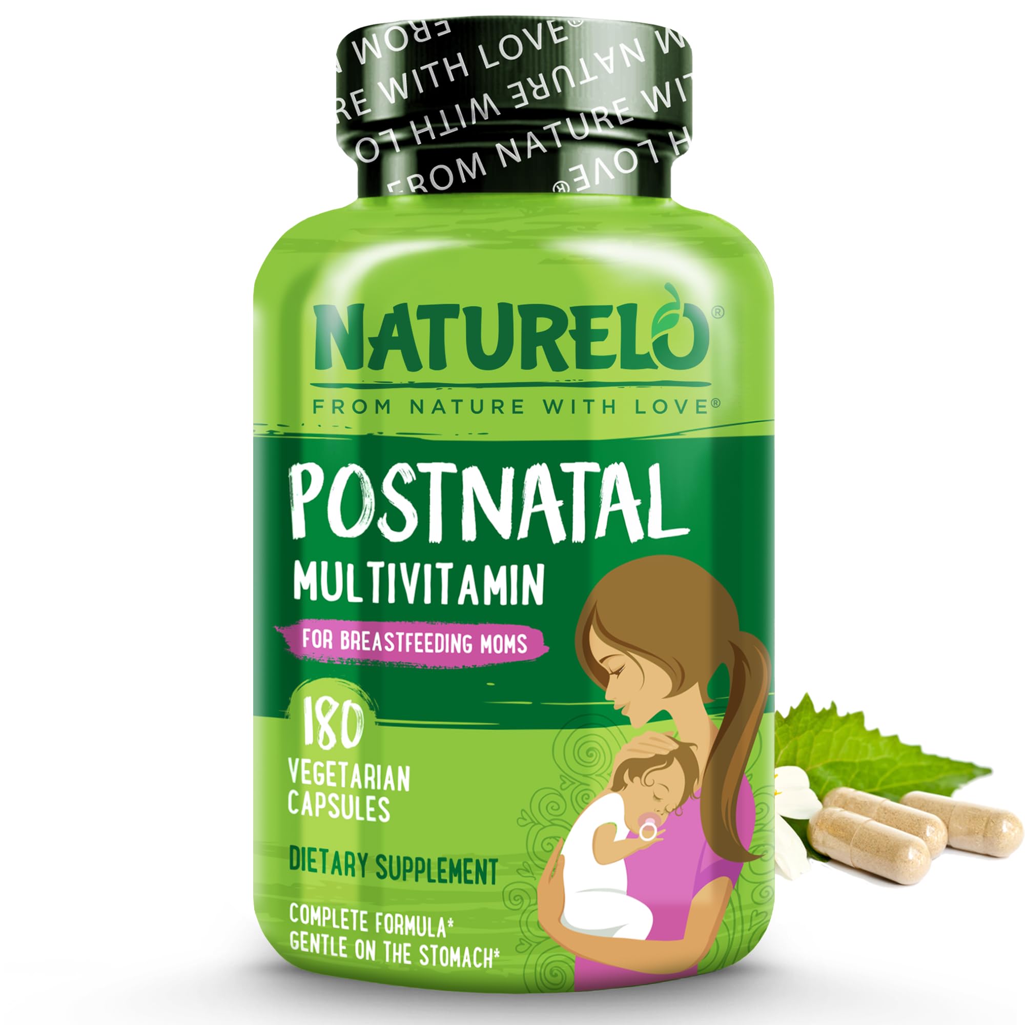 Naturelo Postnatal Multivitamin bottle front, supports daily nutrition for breastfeeding moms.