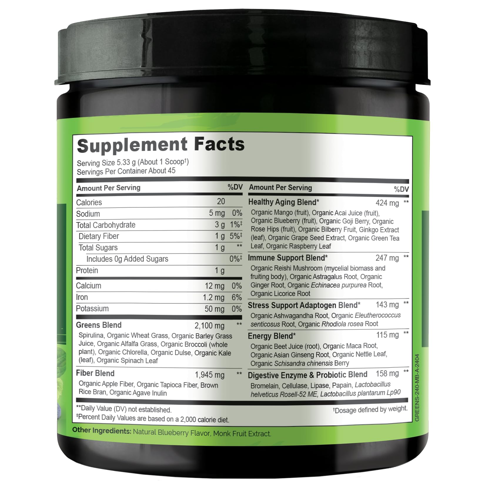 Packaging and scoop of NATURELO Raw Greens Powder 240g Mixed Berry