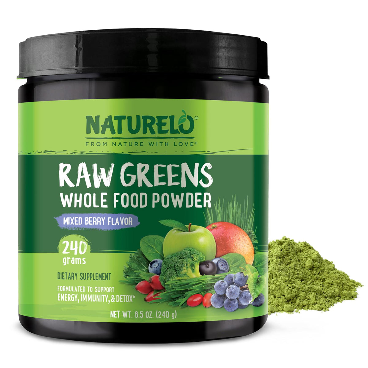 Front view of NATURELO Raw Greens Powder 240g Mixed Berry