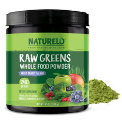 Front view of NATURELO Raw Greens Powder 240g Mixed Berry