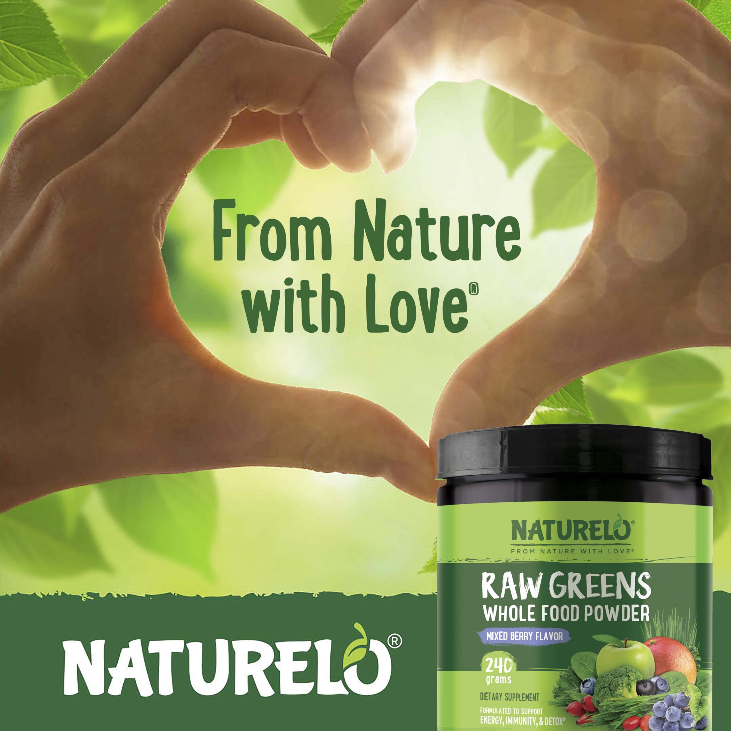 Glass bottle of NATURELO Raw Greens Powder 240g Mixed Berry