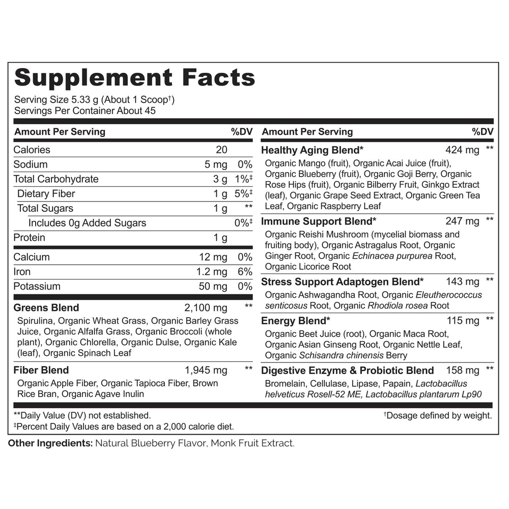 Ingredients list for NATURELO Raw Greens Powder 240g Mixed Berry