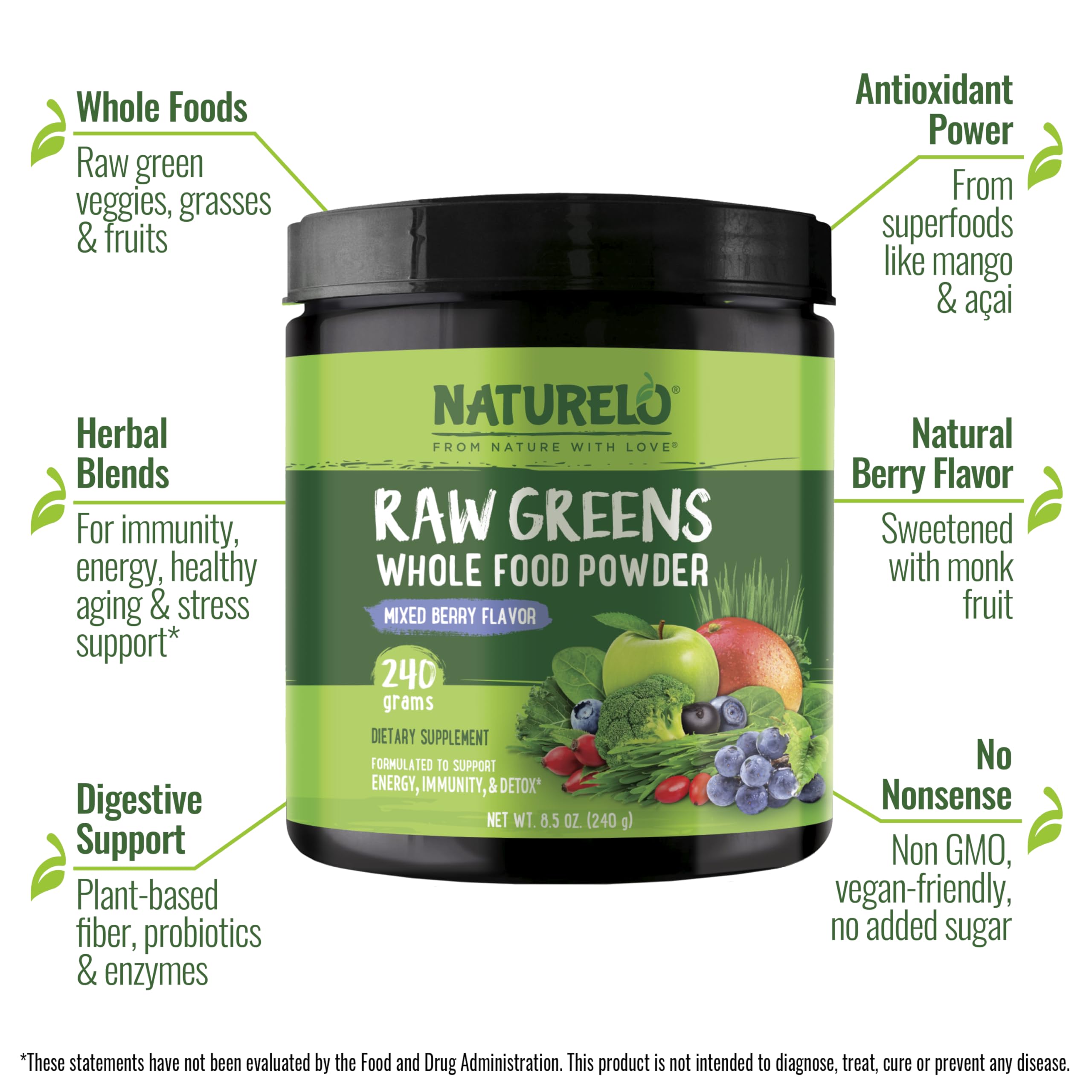 Product side view of NATURELO Raw Greens Powder 240g Mixed Berry