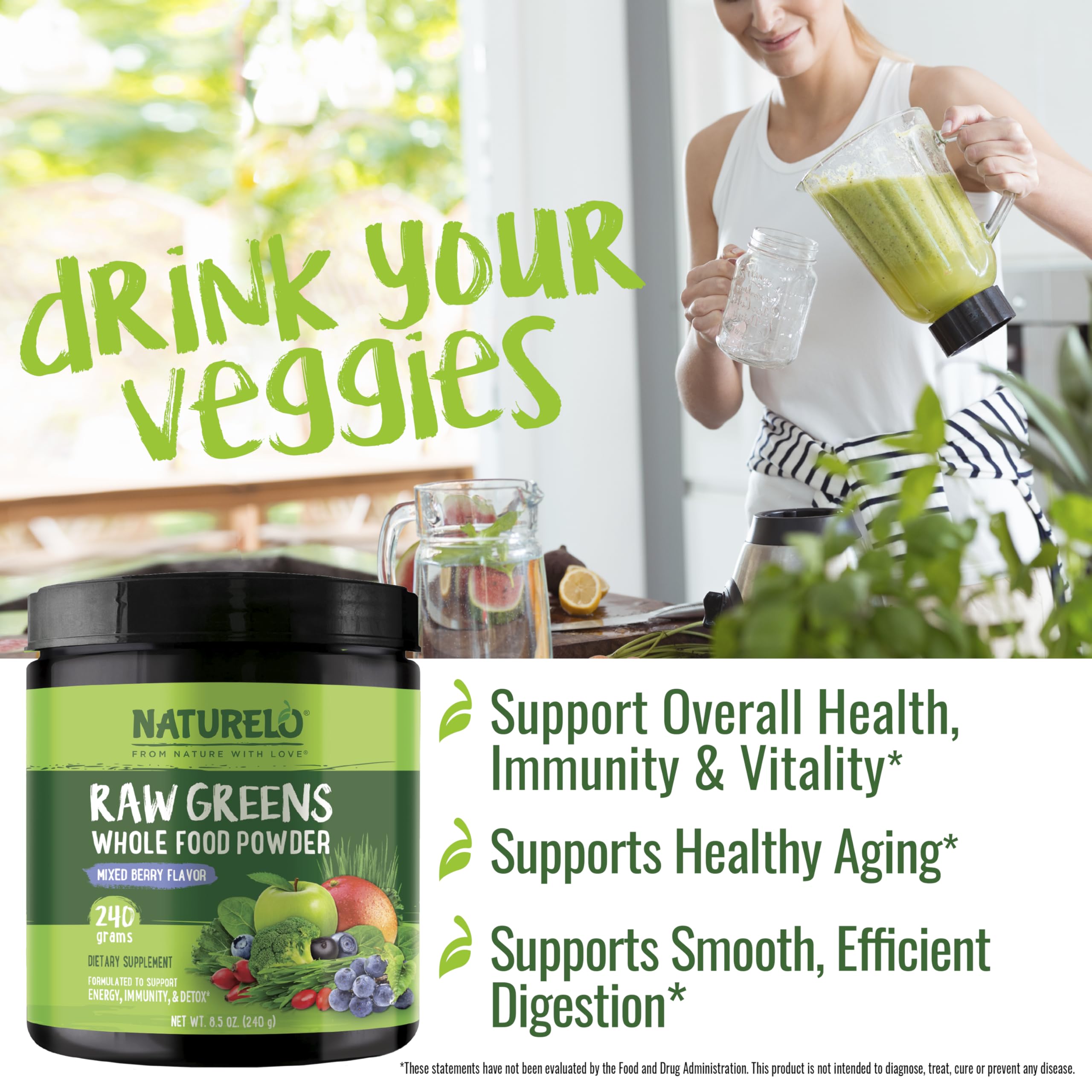 Spirulina and greens visuals in NATURELO powder 240g Mixed Berry