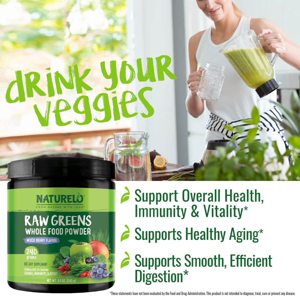 Spirulina and greens visuals in NATURELO powder 240g Mixed Berry
