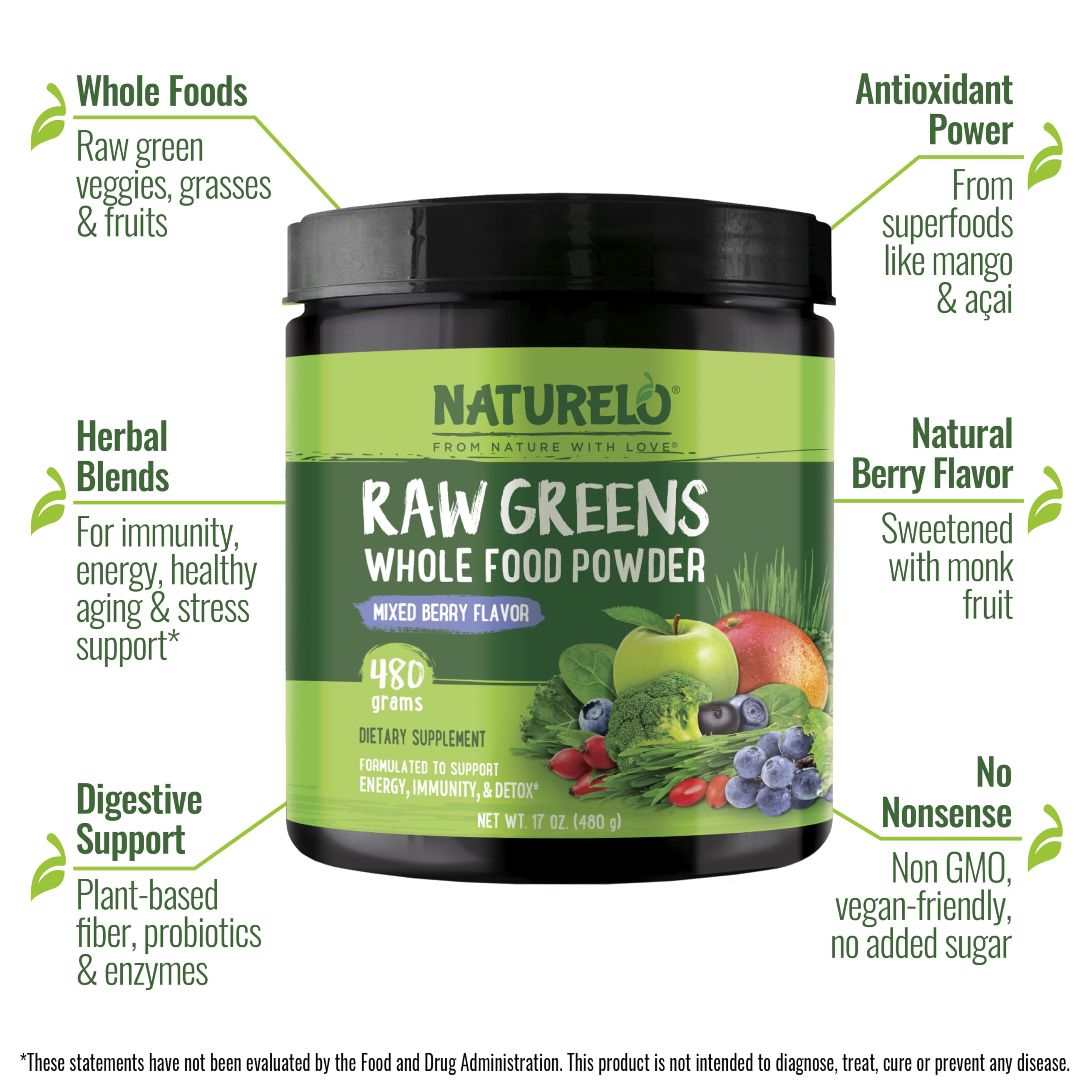 Naturelo Raw Greens Powder 480g Mixed Berry back label