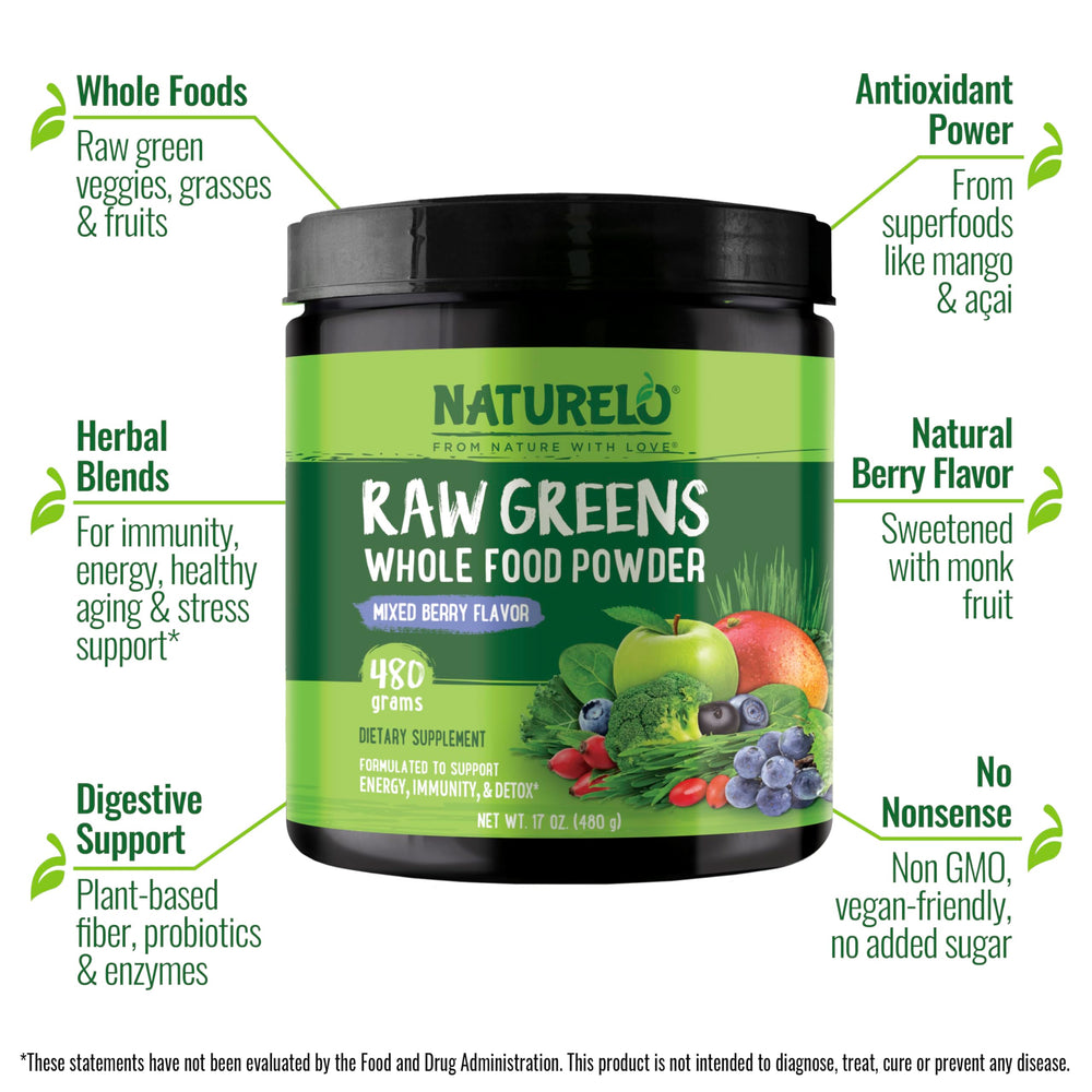 Naturelo Raw Greens Powder 480g Mixed Berry back label