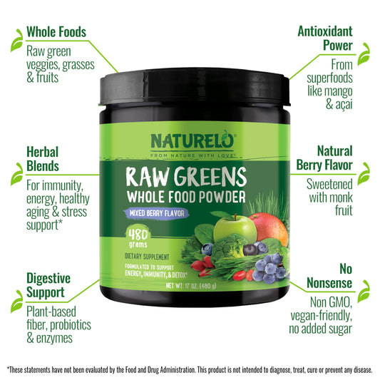 Naturelo Raw Greens Powder 480g Mixed Berry back label