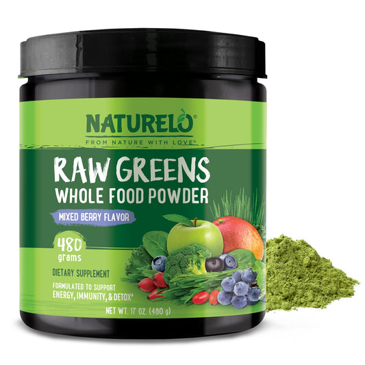 Naturelo Raw Greens Powder 480g Mixed Berry front view