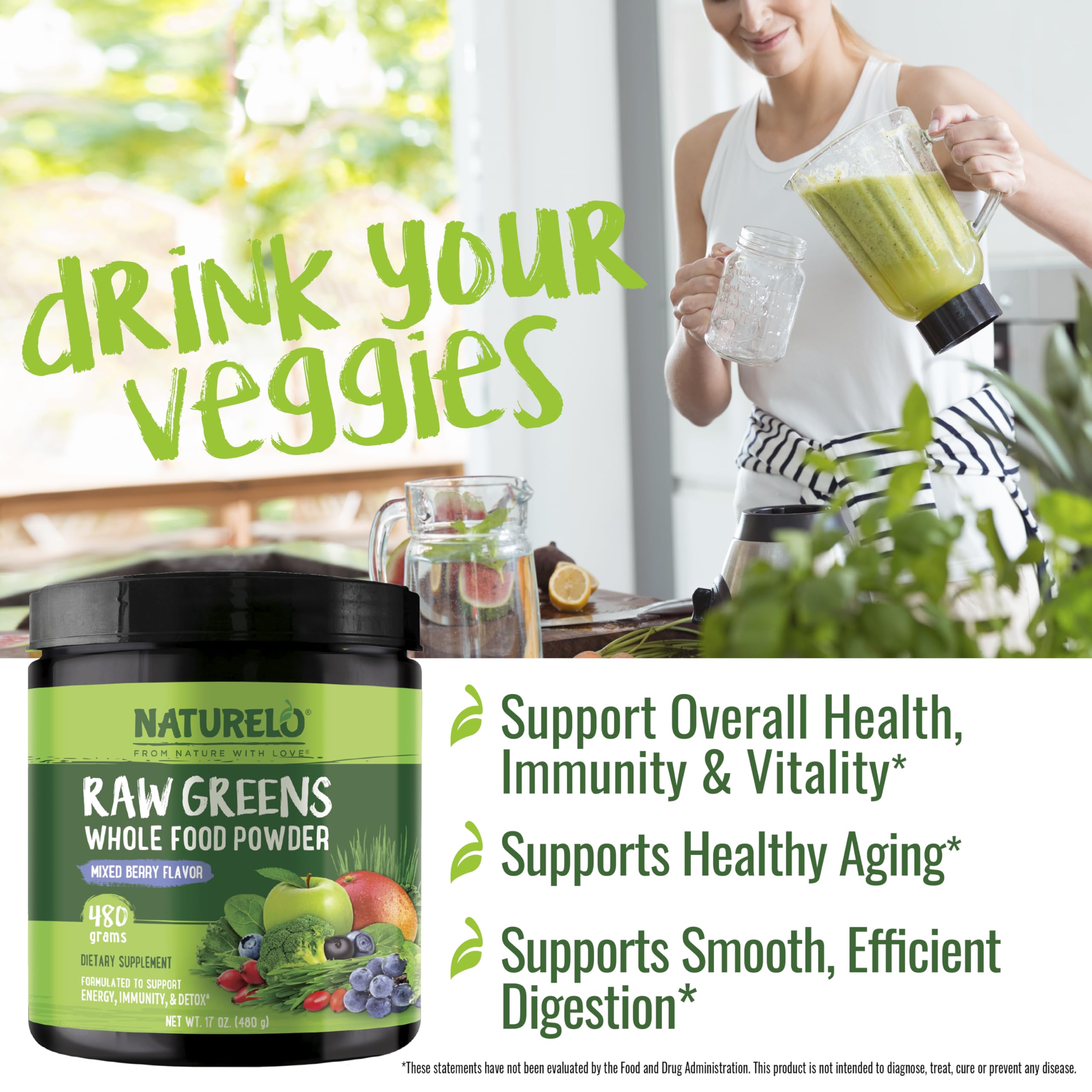 Naturelo Raw Greens Powder bottle with ingredients list for whole food nutrition.