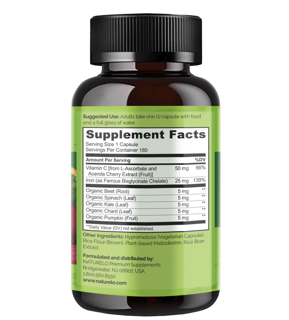 180 mini capsules bottle of Naturelo iron supplement