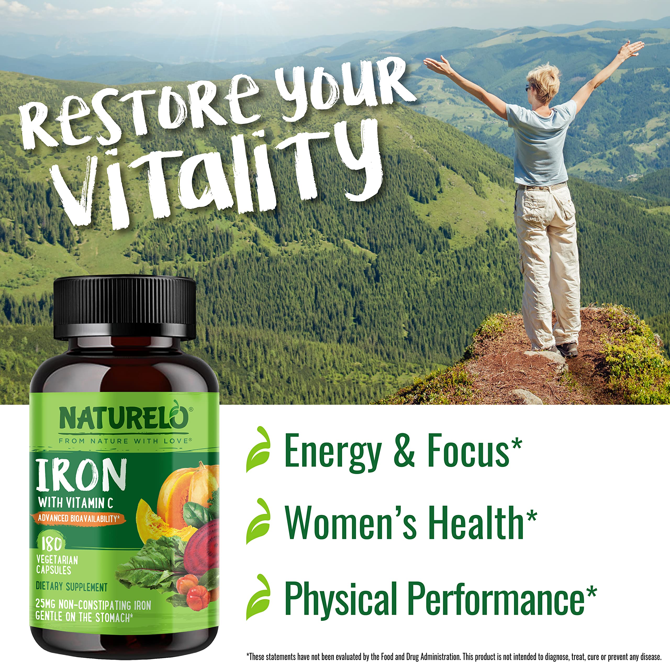 Packaging showing pregnancy and vegan friendly iron supplement