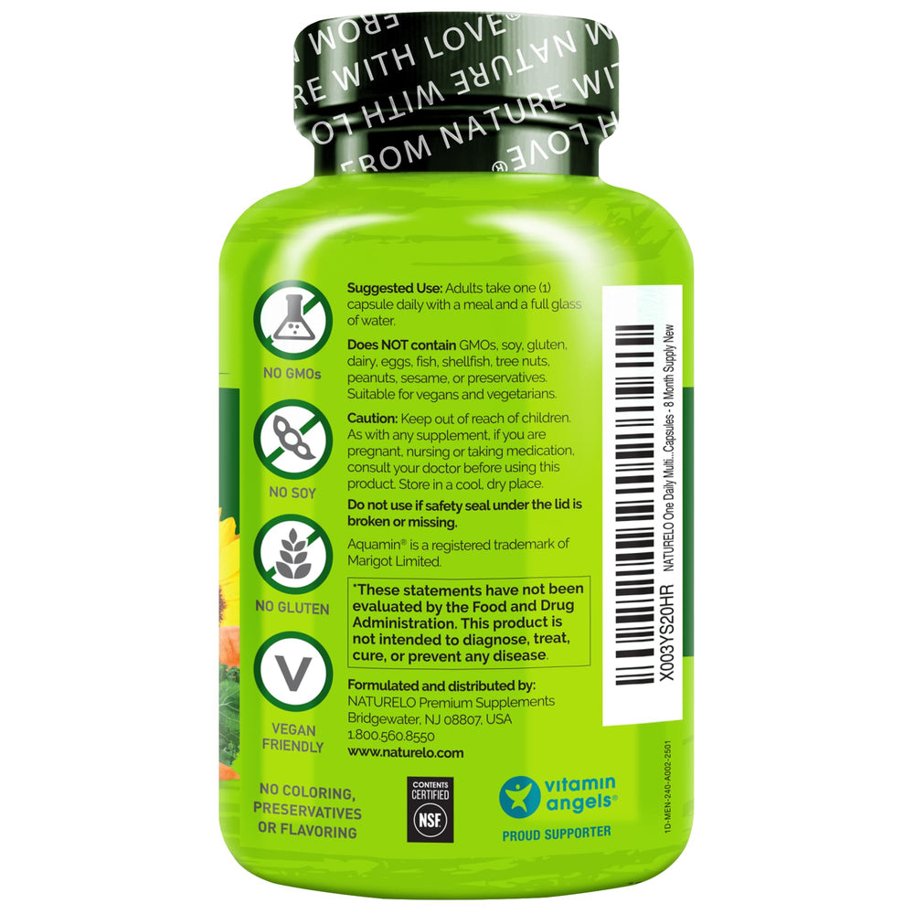 Naturelo vegan non-GMO gluten-free badge on packaging.