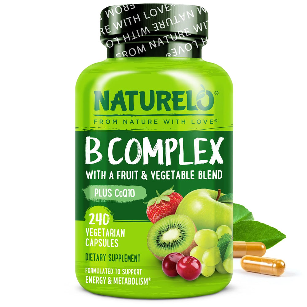 Naturelo Vitamin B Complex bottle front shows vegan capsules for daily energy support.
