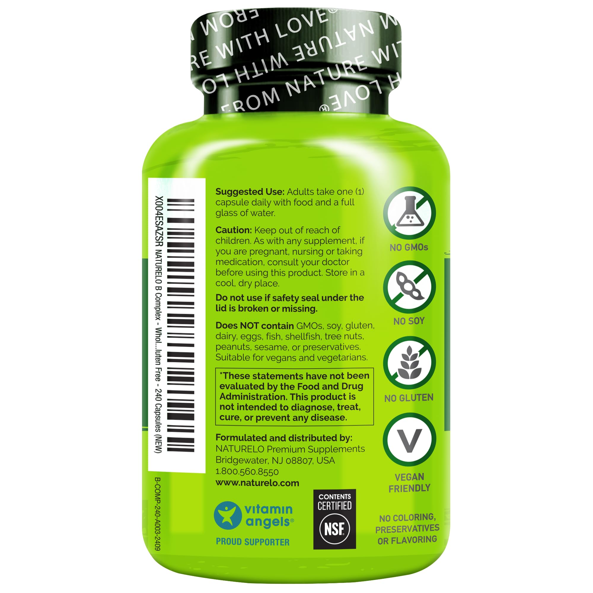 Close-up of Naturelo B Complex label detailing ingredients and clean-label assurances.
