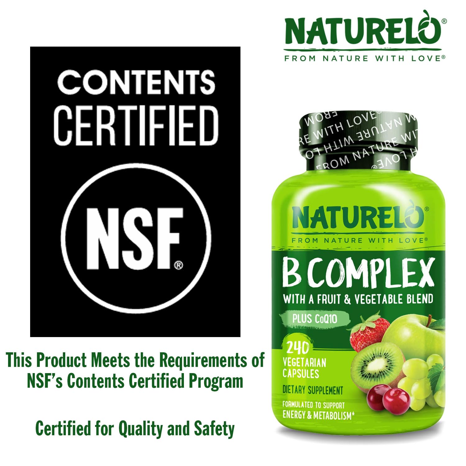Naturelo B Complex image with whole-food blend suggesting organic fruits and vegetables nutrition.