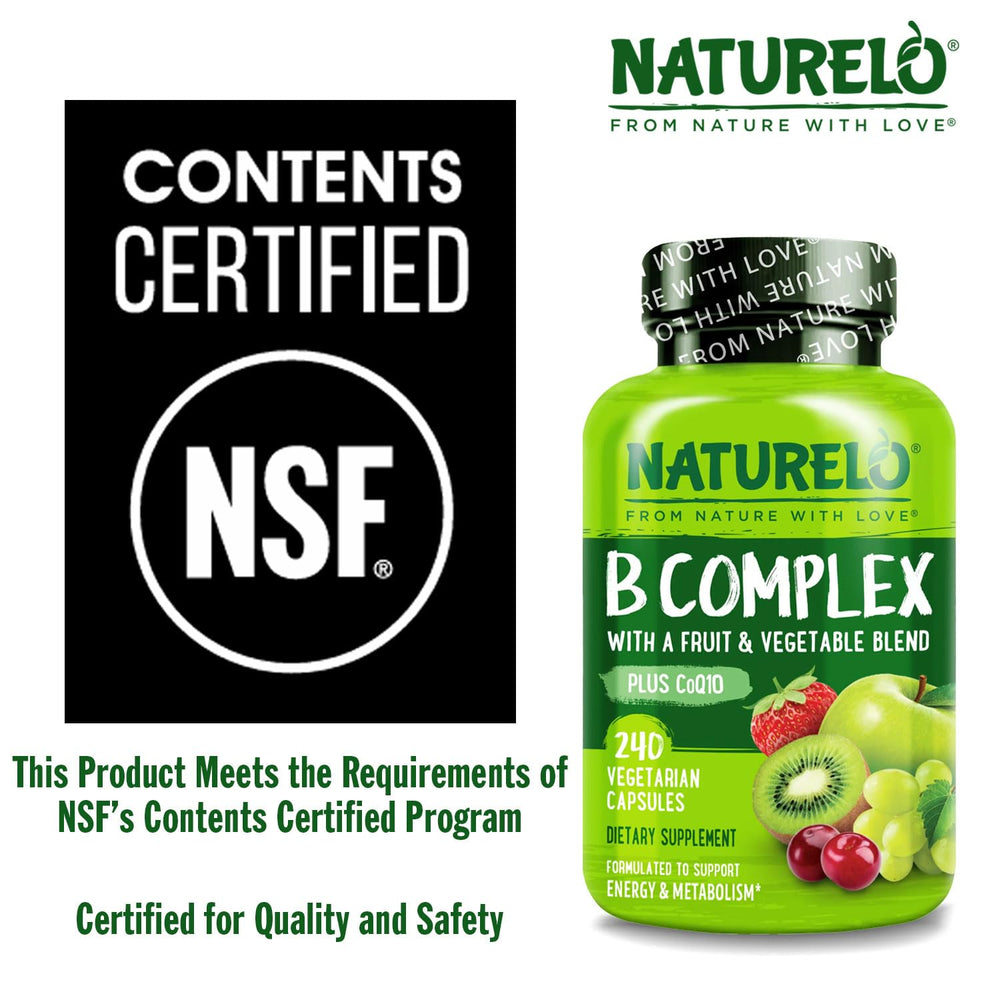 Naturelo B Complex image with whole-food blend suggesting organic fruits and vegetables nutrition.