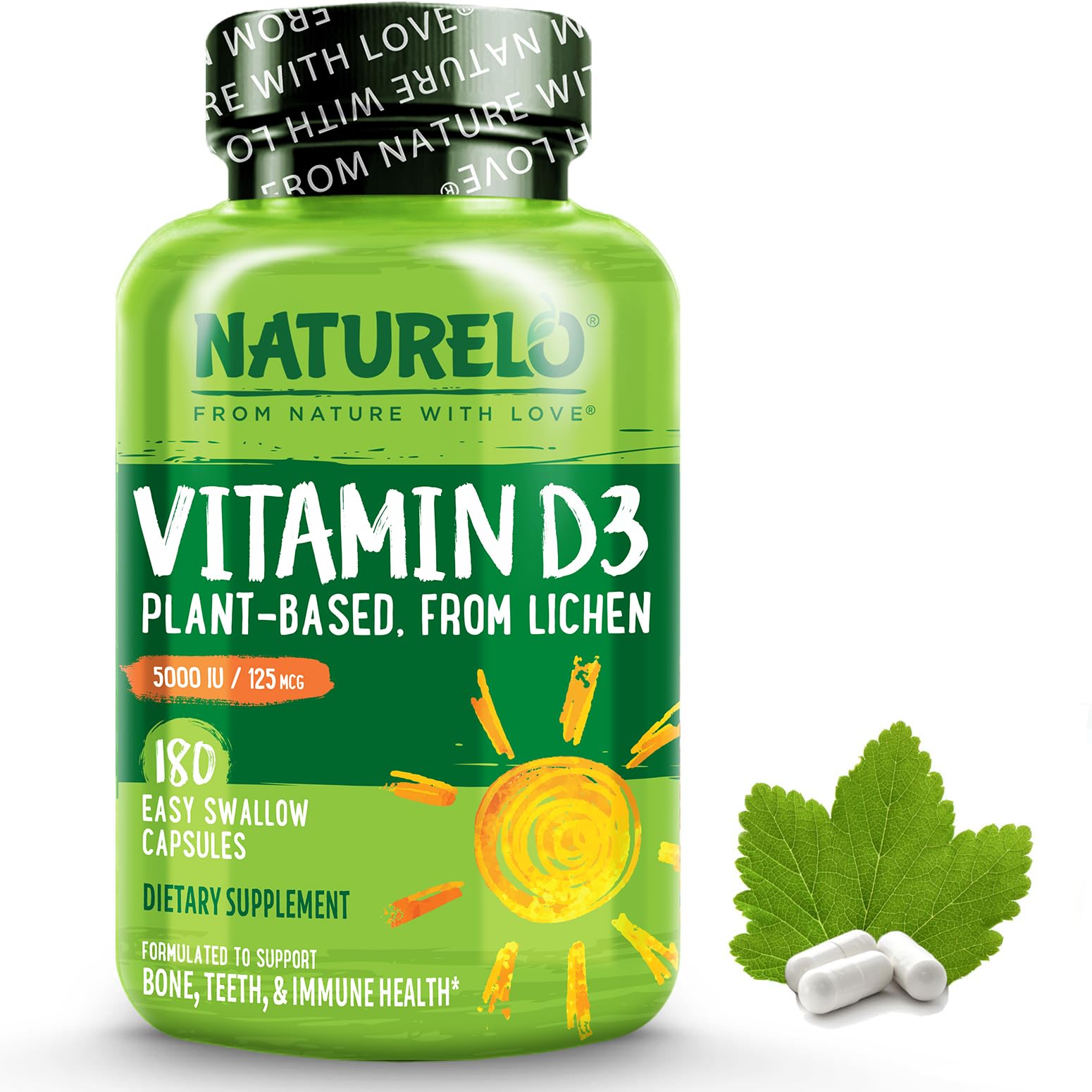Naturelo Vitamin D3 5000 IU bottle with label highlighting plant-based D3 from lichen