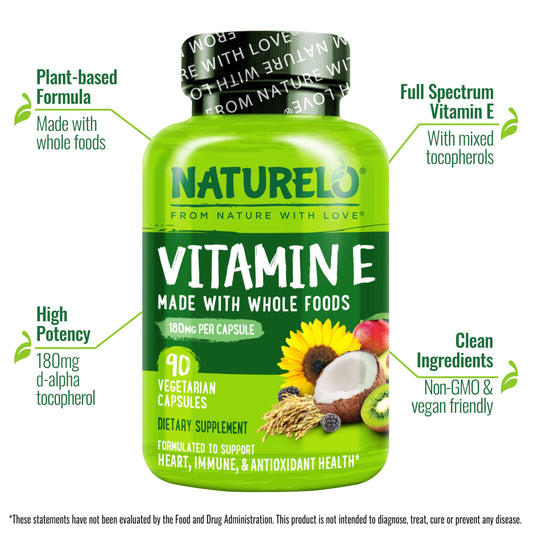 Close-up of Naturelo Vitamin E bottle label and capsules