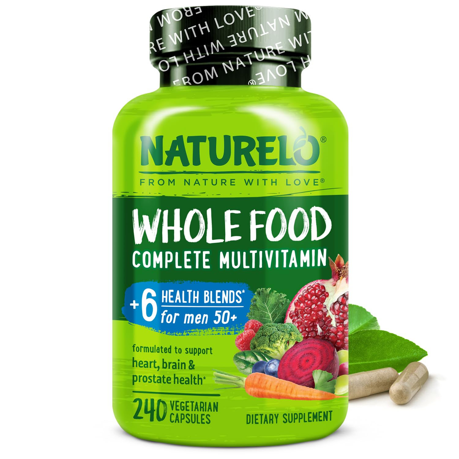 NATURELO Whole Food Multivitamin for Men 50+ bottle front view supports daily energy and wellness