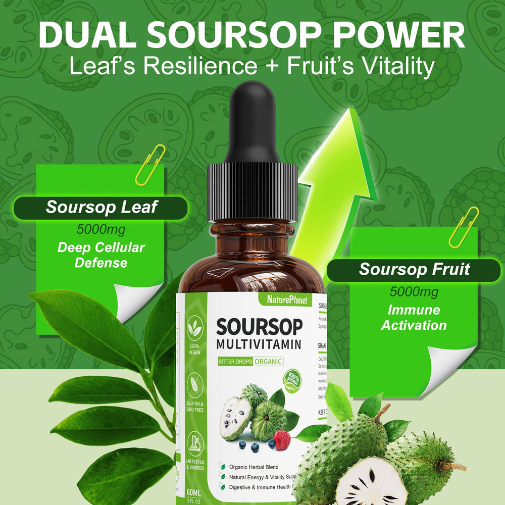 NaturePlanet Soursop Leaf Extract bottle emphasizes plant-based nutrients for daily vitality.