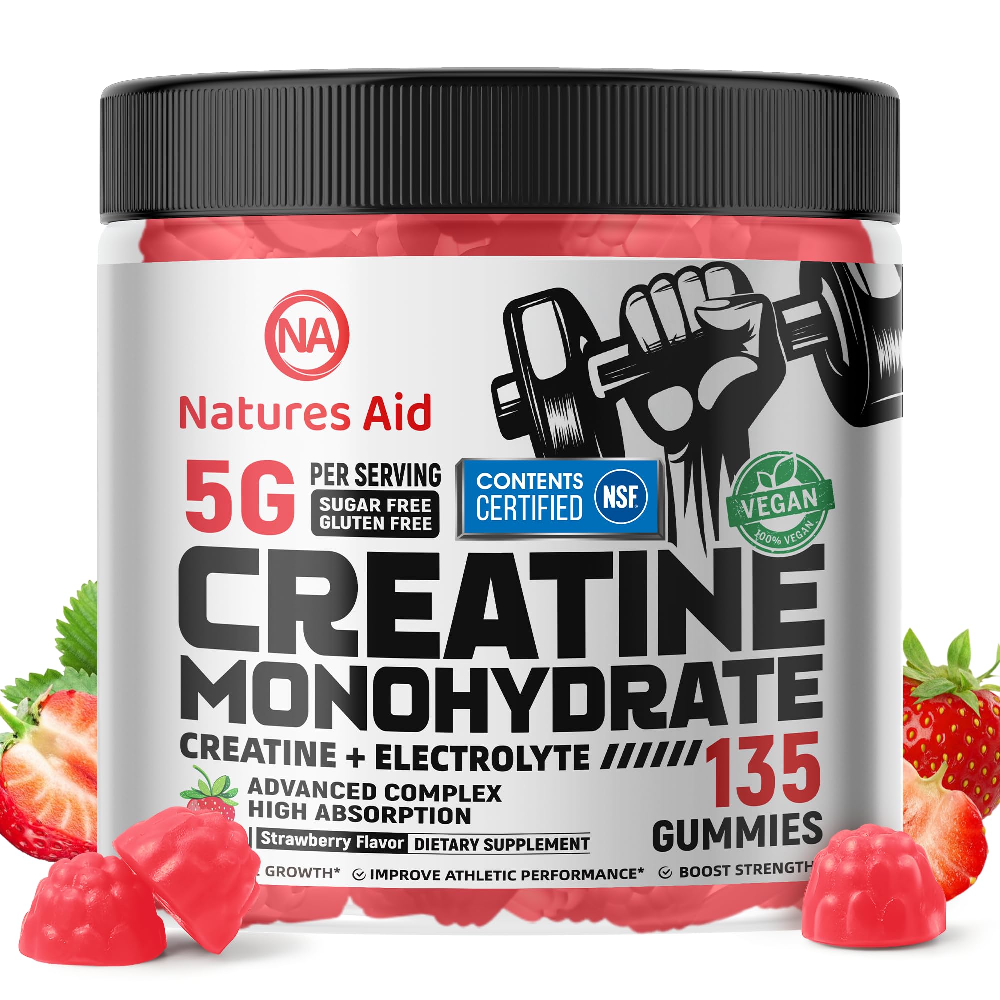 Natures Aid Creatine Monohydrate Gummies bottle – 5g per serving, Strawberry Electrolyte, 135 count
