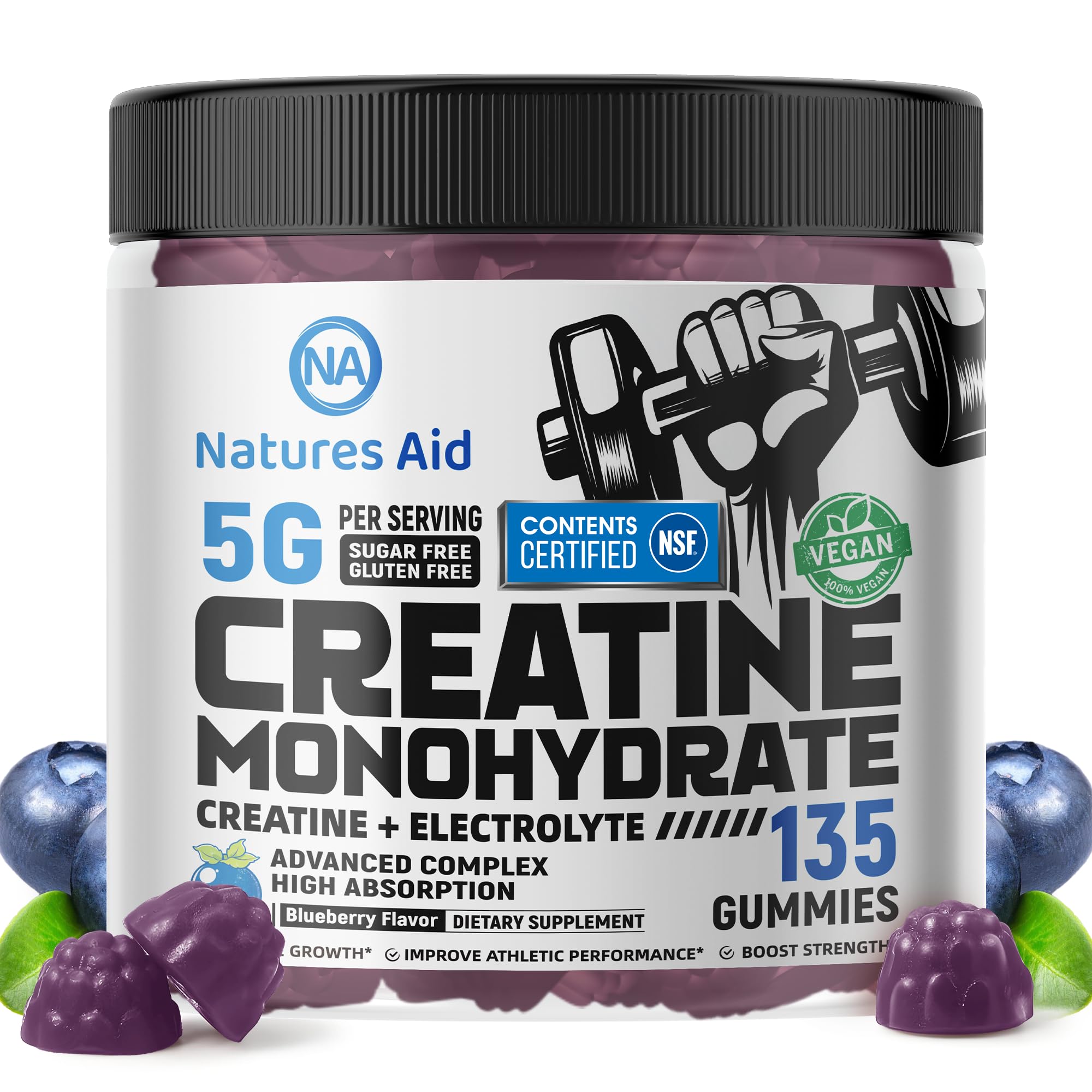 Bottle of Natures Aid Creatine Monohydrate Gummies showing 5g per serving