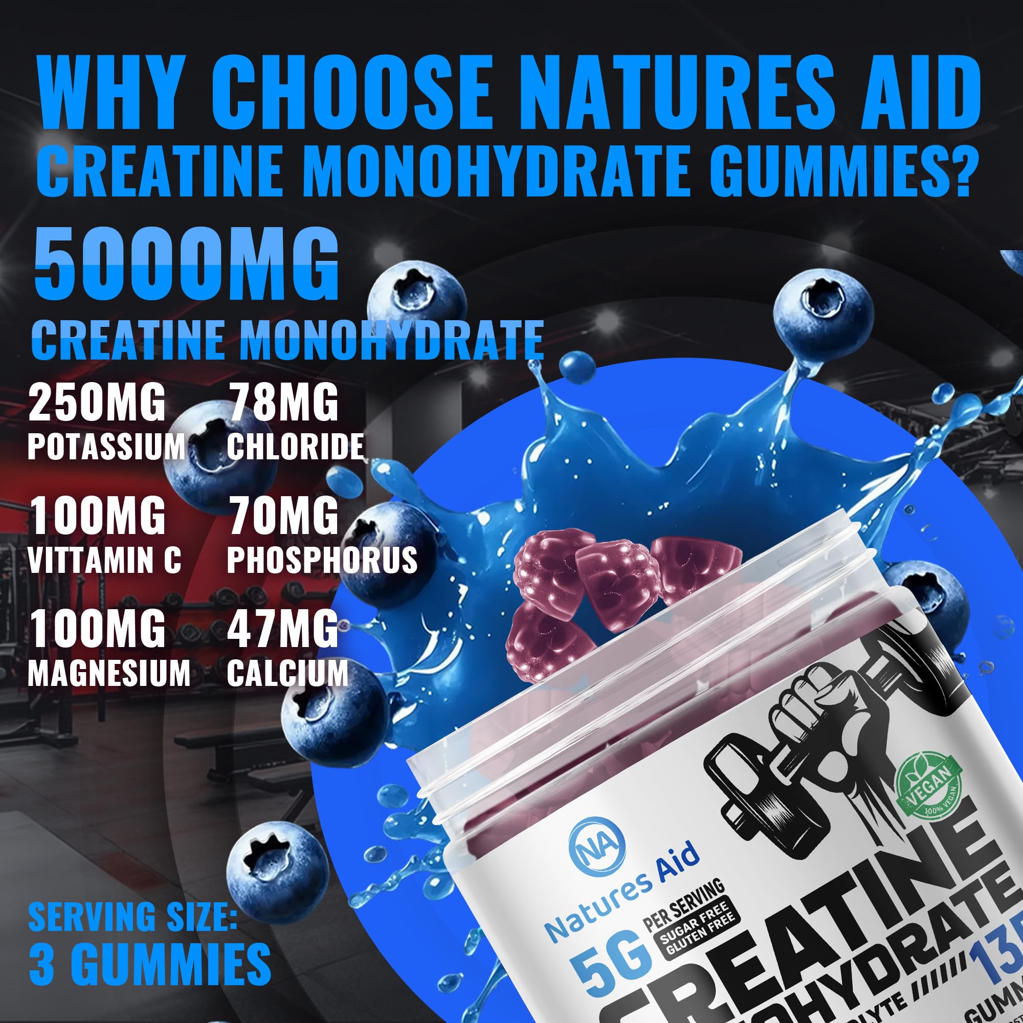 Three gummies representing one serving of creatine monohydrate