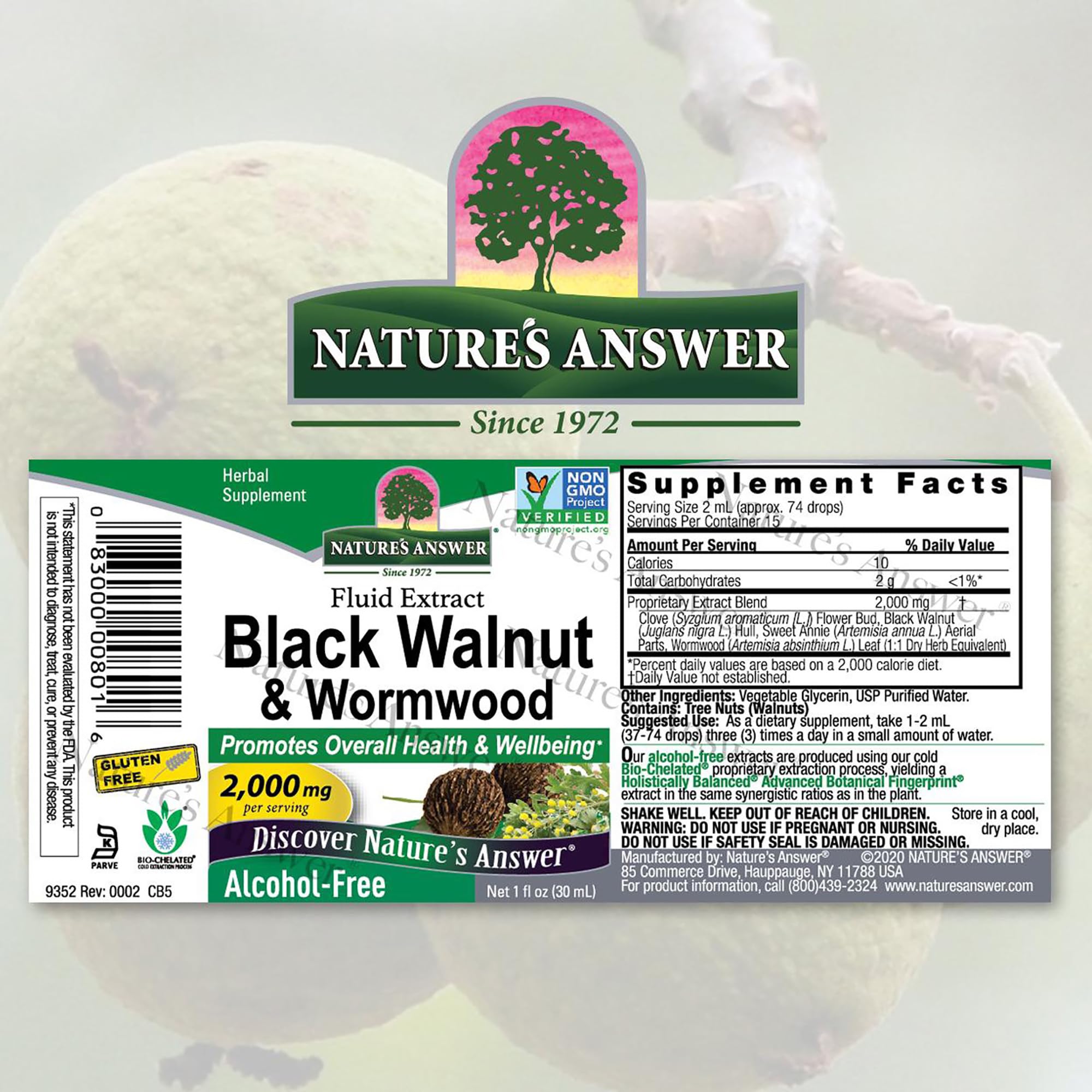 Close-up of Nature's Answer Black Walnut & Wormwood Extract bottle showing liquid form