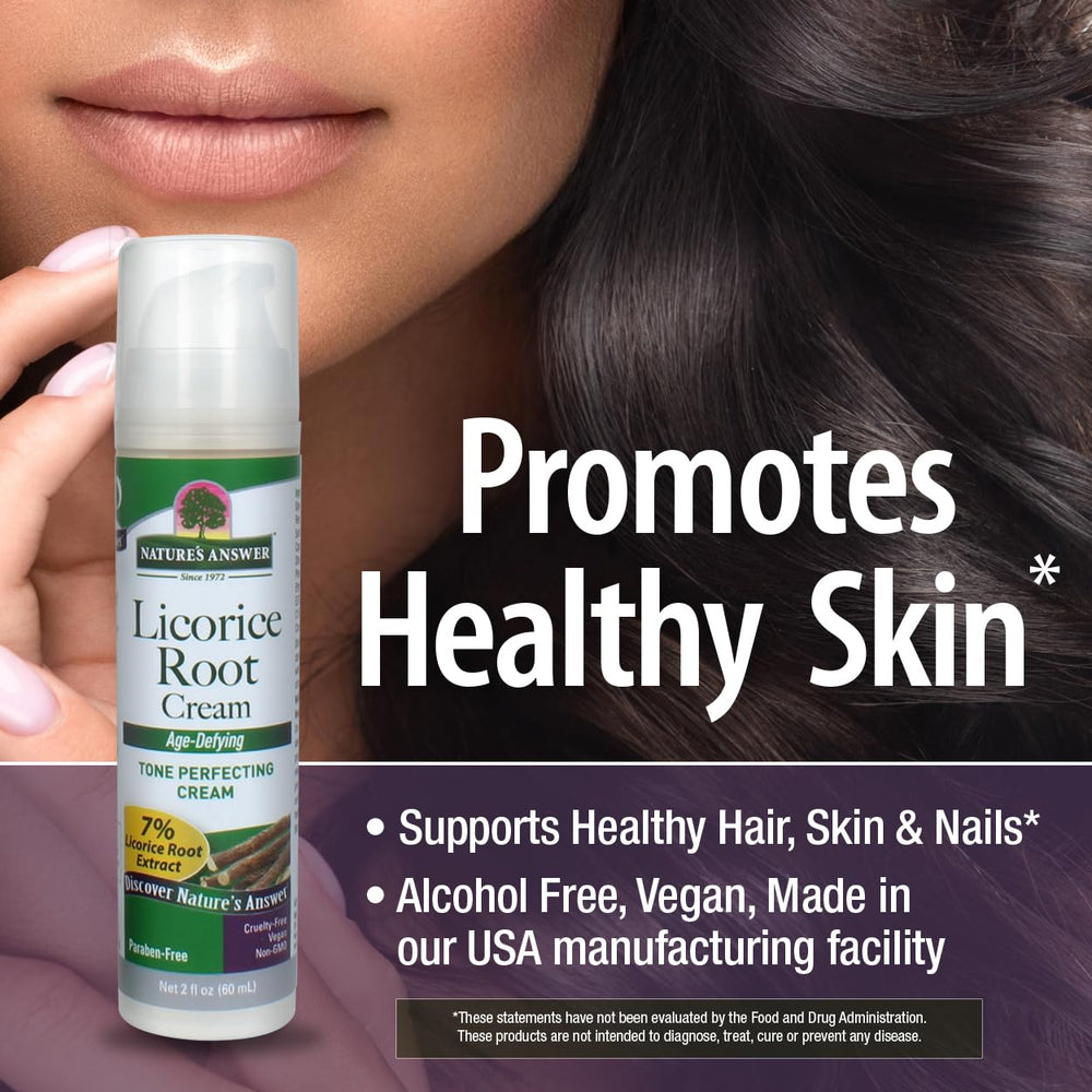 Nature's Answer Licorice Root Cream 7% licorice graphic hints at even tone benefits.