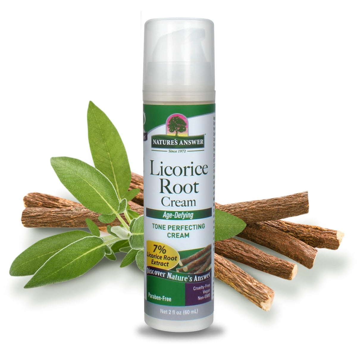 Nature's Answer Licorice Root Cream bottle closeup highlights premium packaging and clean formula.